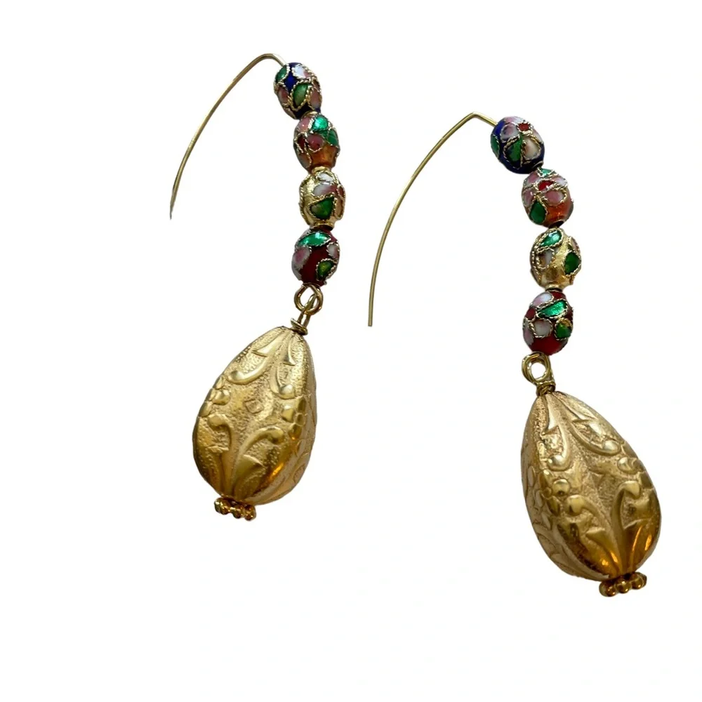 HAND CRAFTED Pierced Earrings Cloisonnés Gold Statement Drops Marquis Ear Wires